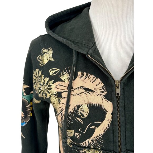 Vtg Y2K Ed Hardy Black Dragon Geisha Graphic Zip Up Hoodie | Grunge Streetwear S - Picture 2 of 13